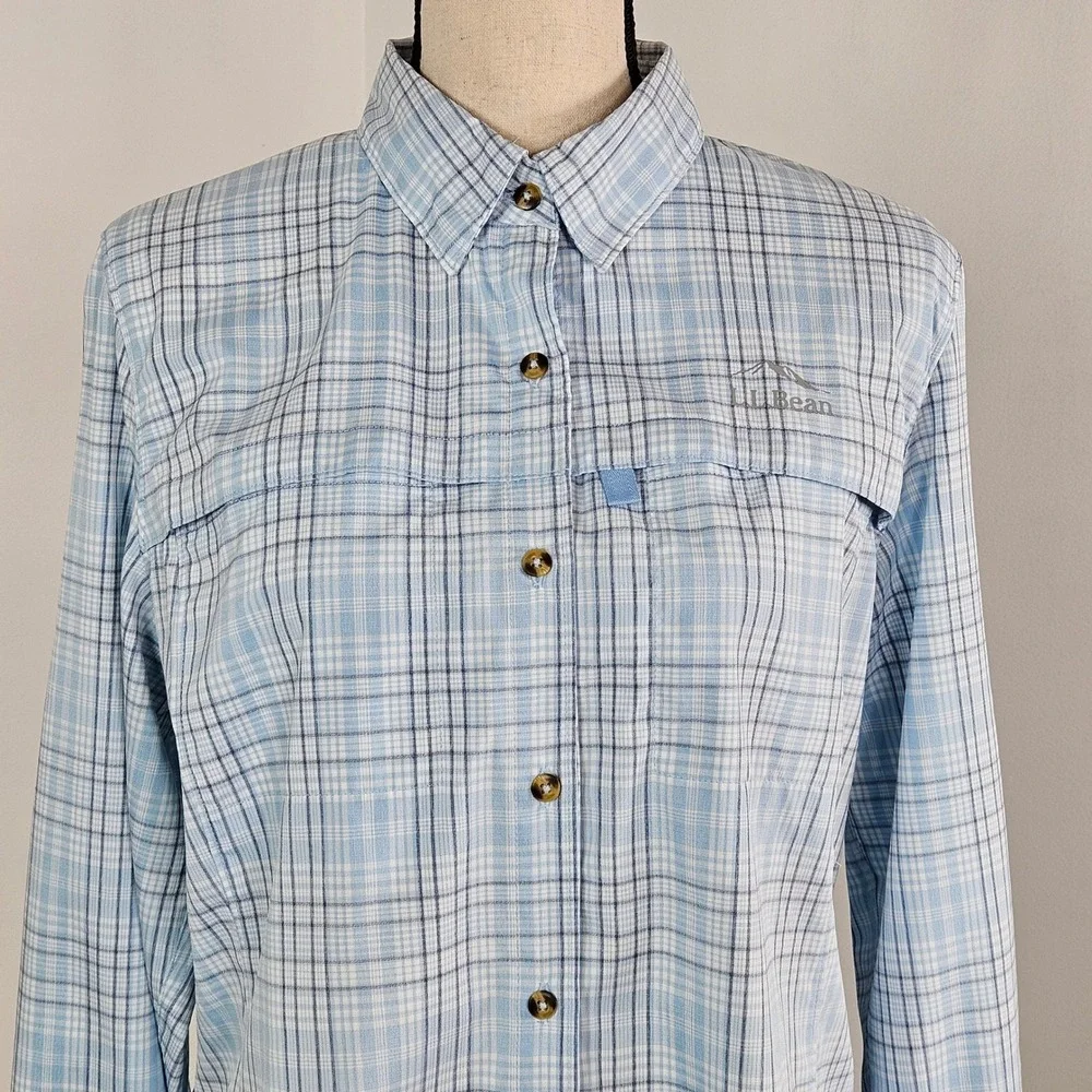 LL Bean Long Sleeve Roll Tab Blue Plaid Vented Shirt Fish Hike Womens M UPF 50 - Picture 3 of 16
